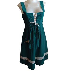 Vintage 1970's Sz 9 Green Peasant Boho German Barmaid Dress Lace-Up Bodice